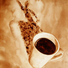 Angel Sarkela-Saur created this original "Zoom!" Coffee Art® painting. It features an energized figure leaping out from the coffee mug's shadow.