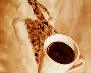 Angel Sarkela-Saur created this original "Zoom!" Coffee Art&reg; painting. It features an energized figure leaping out from the coffee mug's shadow.