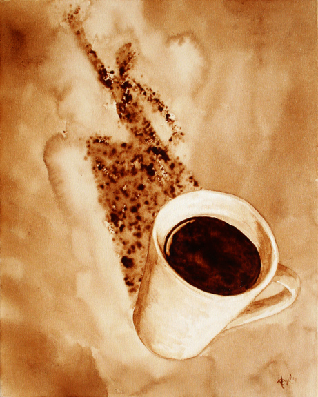 Angel Sarkela-Saur created this original "Zoom!" Coffee Art® painting. It features an energized figure leaping out from the coffee mug's shadow.