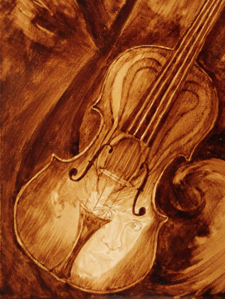 A close-up view of the completed custom violinist-dentist Coffee Art painting.